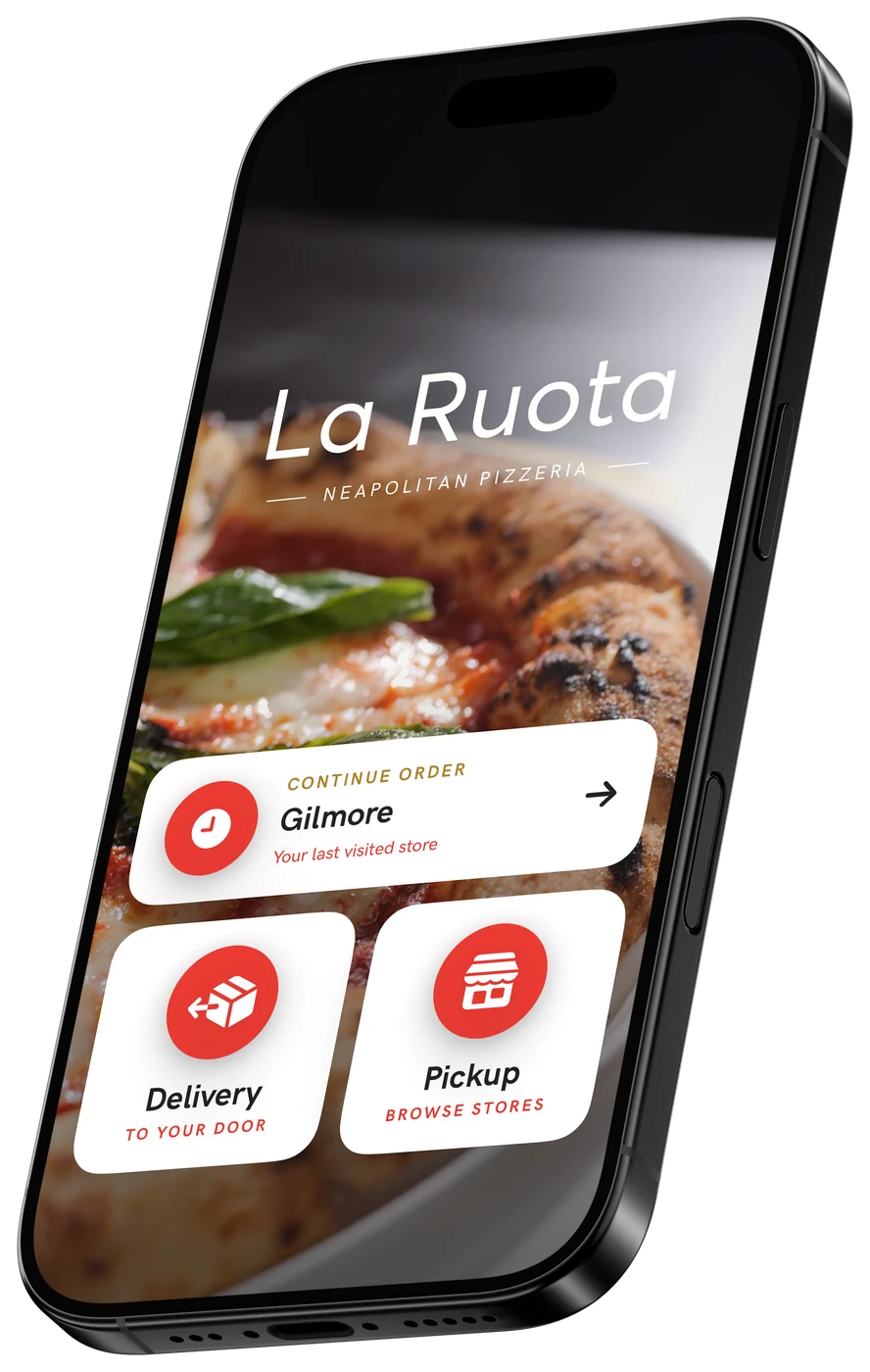 La Ruota app home screen with delivery and pickup options