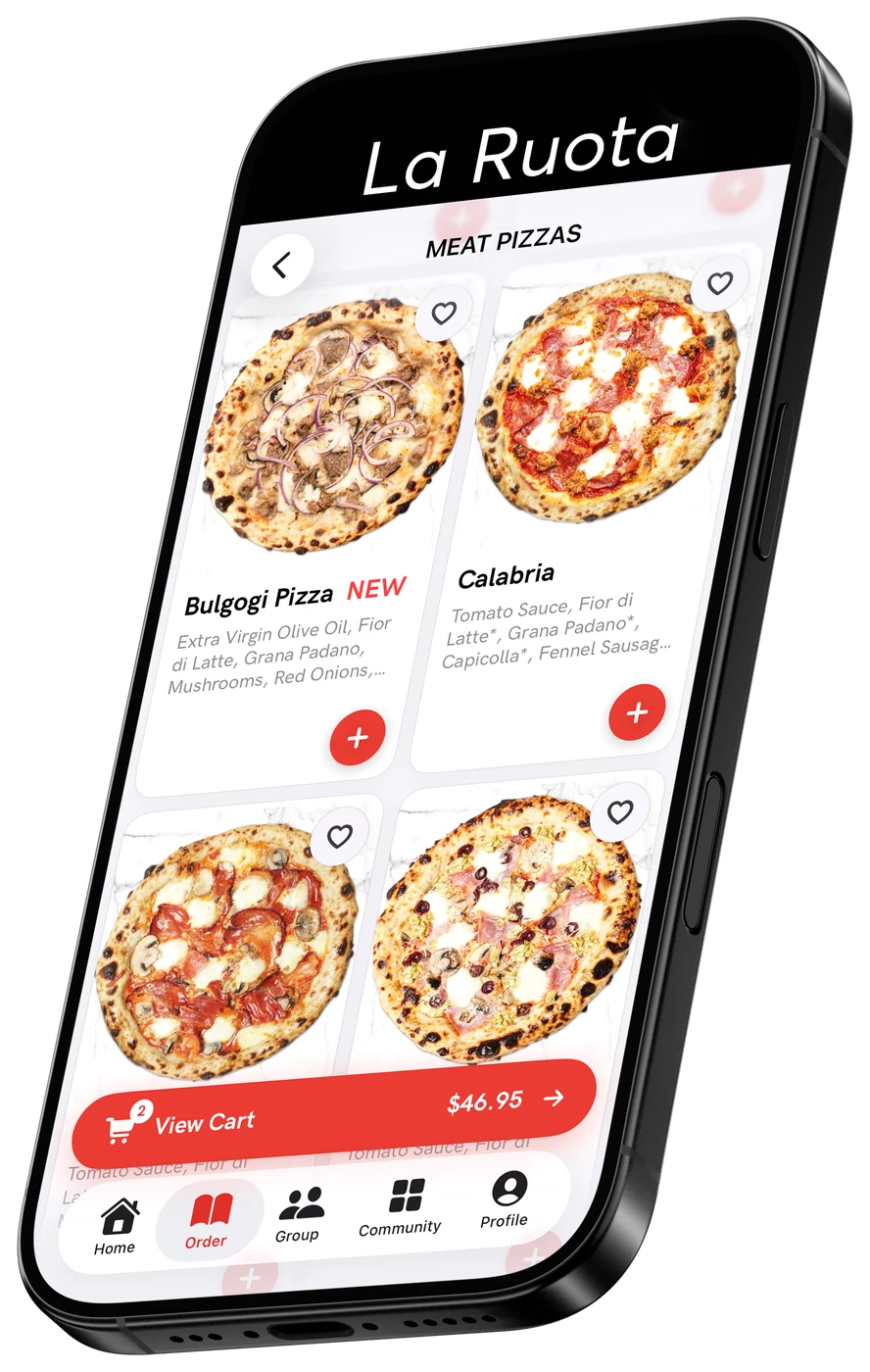 La Ruota app menu showing meat pizzas and cart